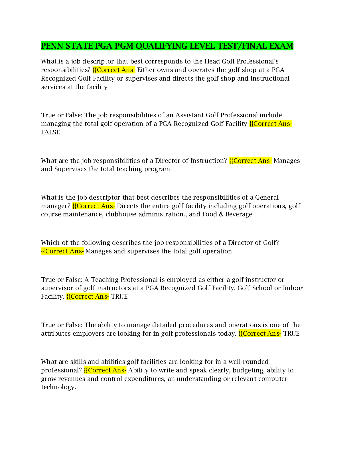 Preview of PENN STATE PGA PGM QUALIFYING LEVEL TEST/FINAL EXAM with Verified Answers